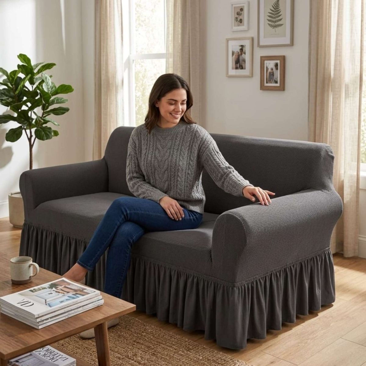 GENERICO - Funda Cubre Sofa de 3 Cuerpos con Faldon Elegante