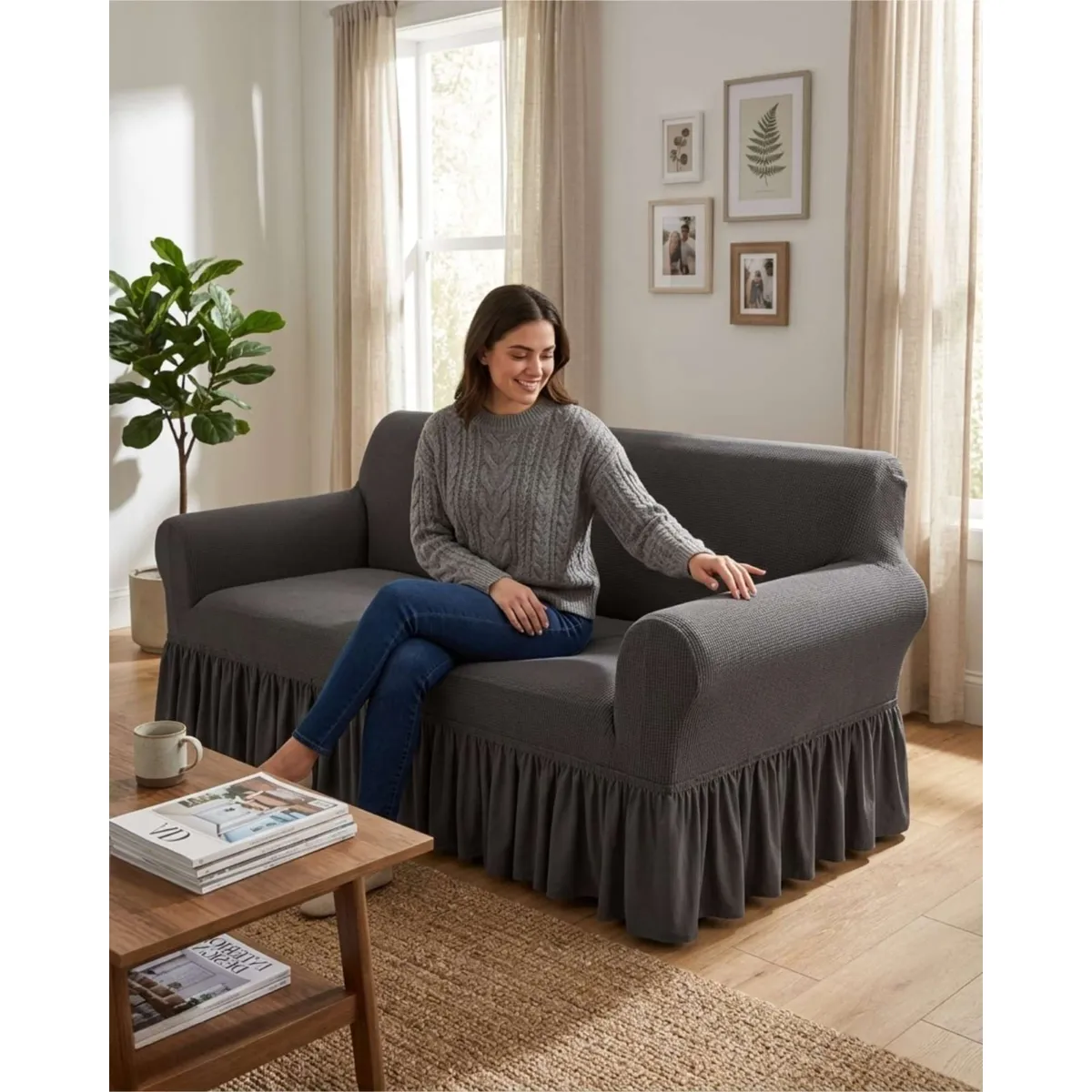 GENERICO - Funda Cubre Sofa de 3 Cuerpos con Faldon Elegante