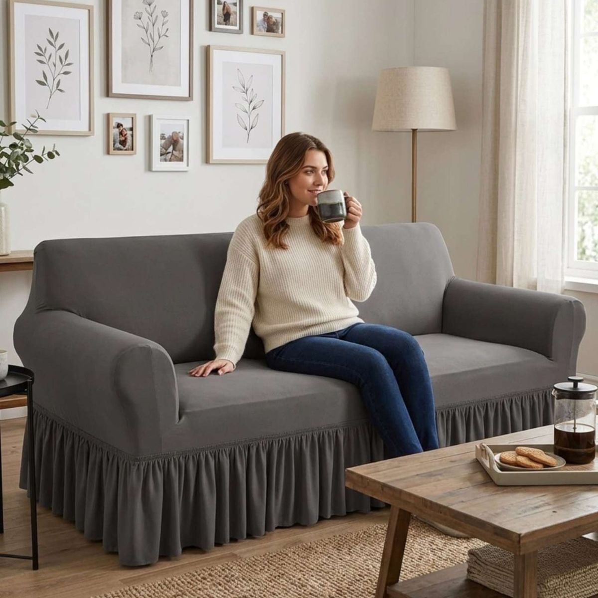 GENERICO - Funda Cubre Sofa de 3 Cuerpos con Faldon Elegante