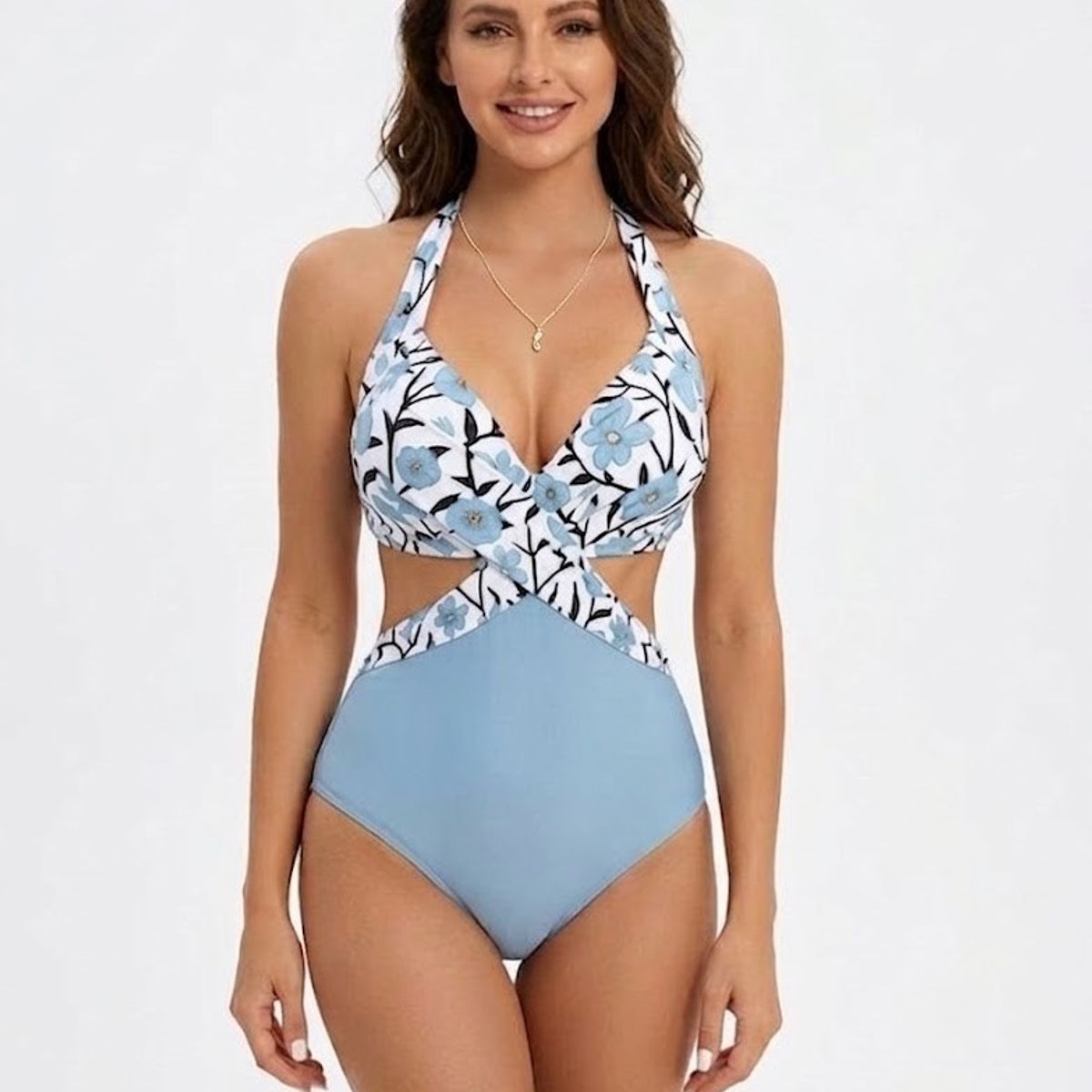 HAMI BOUTIQUE - Traje de Baño de Una Pieza con Estampado Floral Celeste
