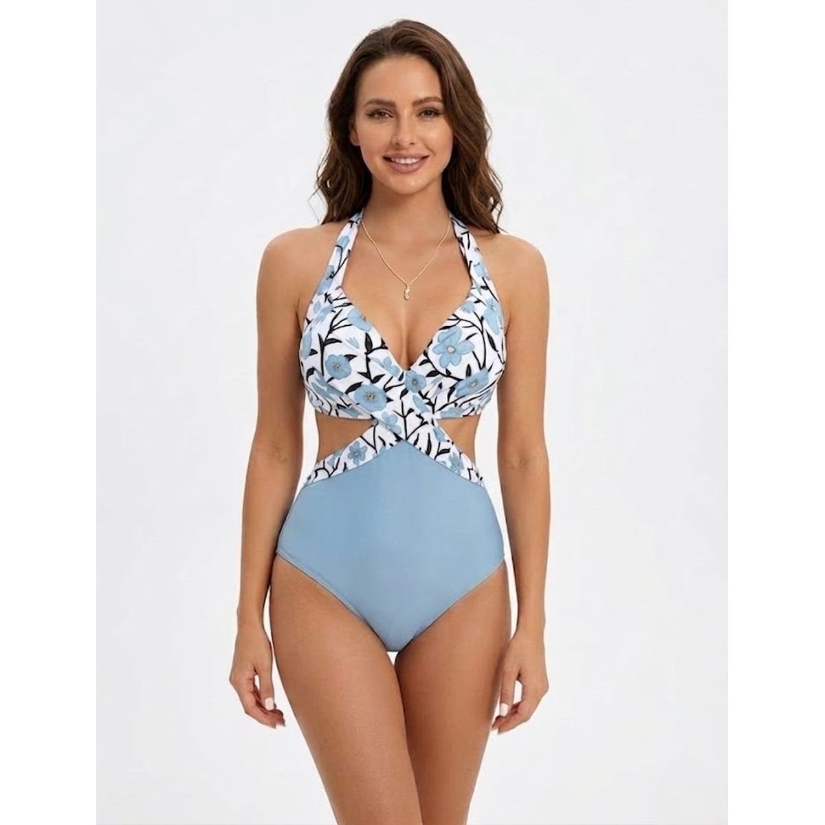 HAMI BOUTIQUE - Traje de Baño de Una Pieza con Estampado Floral Celeste