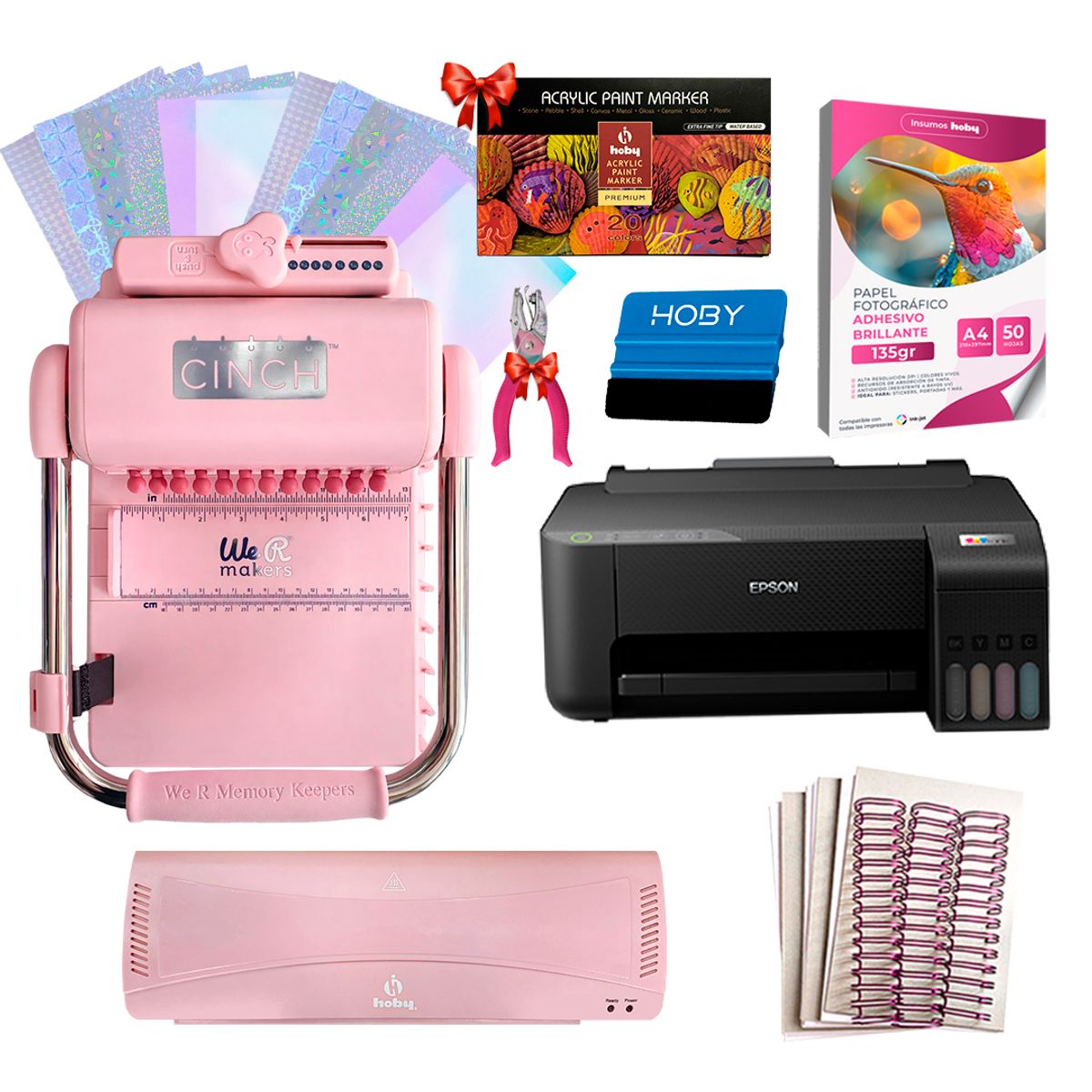 CINCH - Kit Maestro Encuadernadora Cinch Pink + Impresora Epson y Laminadora + Insumos
