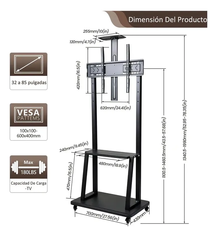 MALIK Pedestal para TV con Ruedas 32-75 Pulgadas 1700