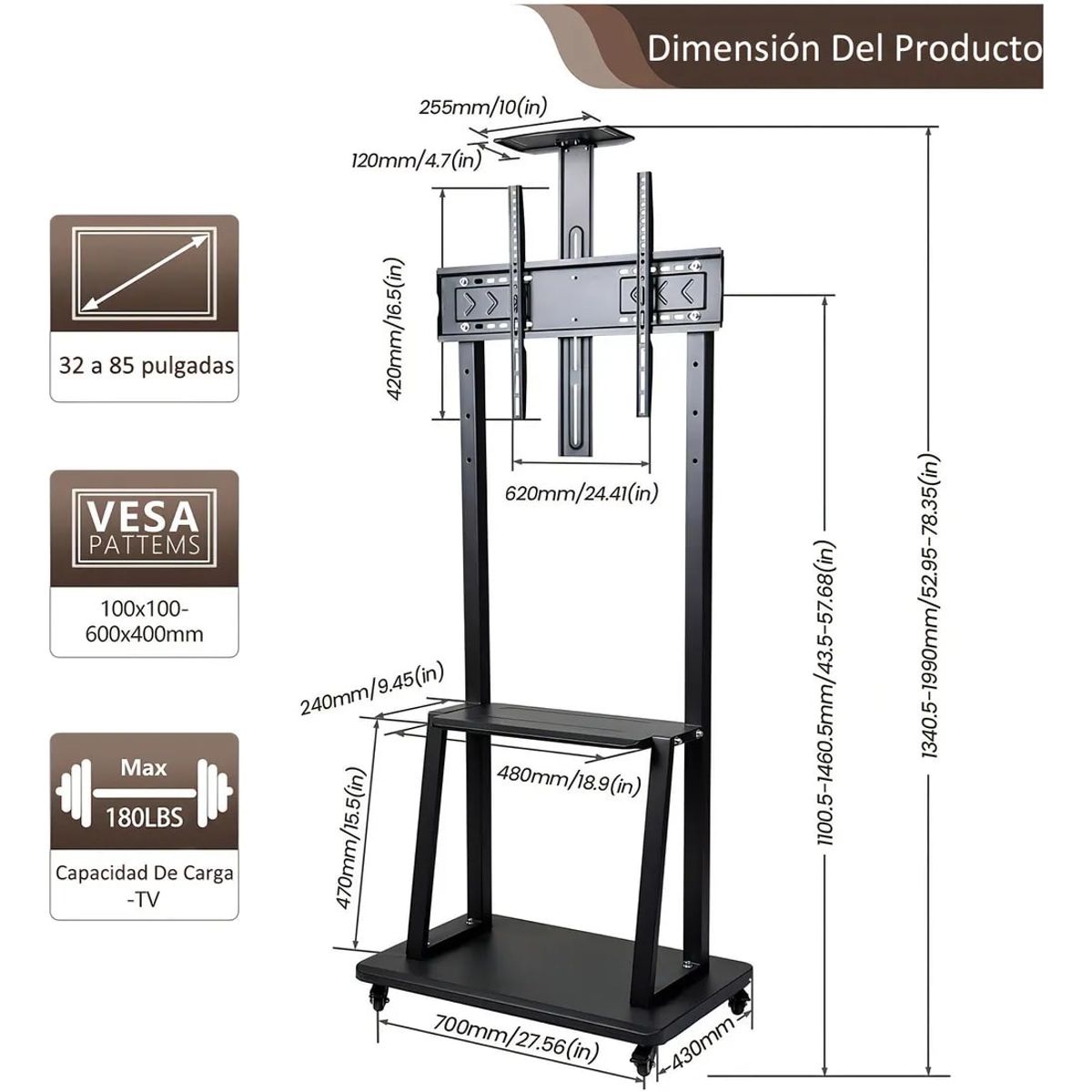 MALIK - Pedestal para TV con Ruedas 32-75 Pulgadas 1700