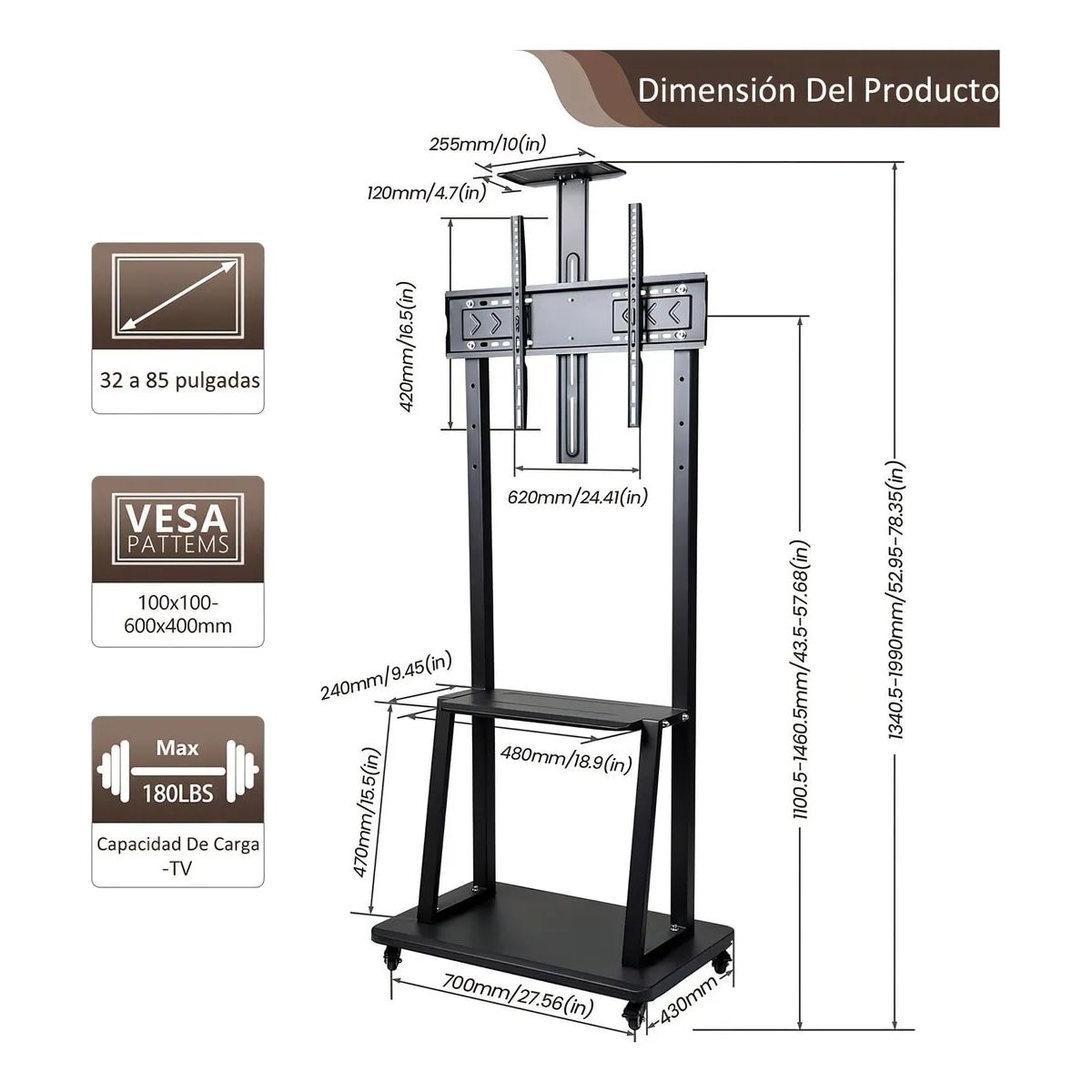 MALIK - Pedestal para TV con Ruedas 32-75 Pulgadas 1700