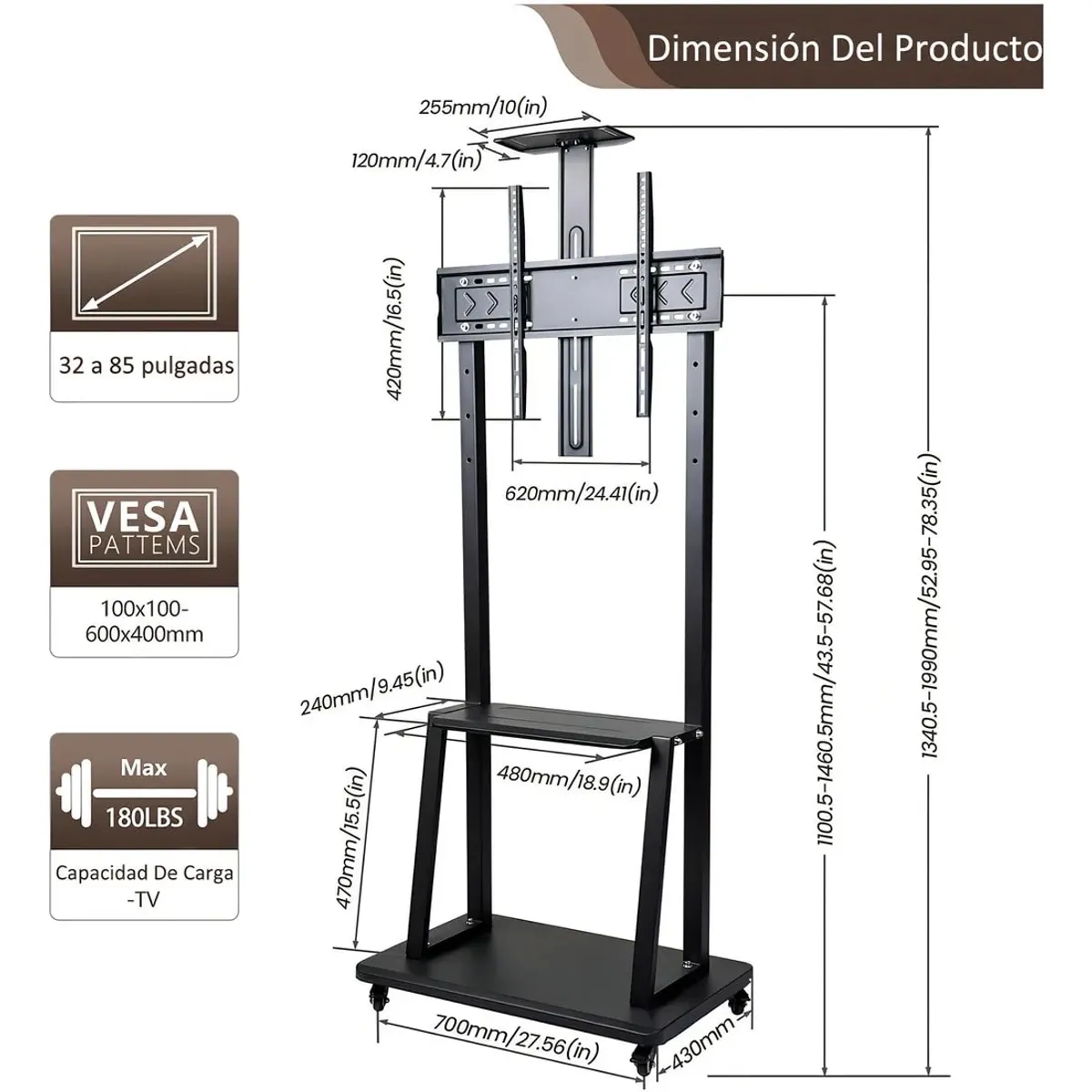 MALIK - Carro Móvil para TV 32-75" 1700 Altura Ajustable