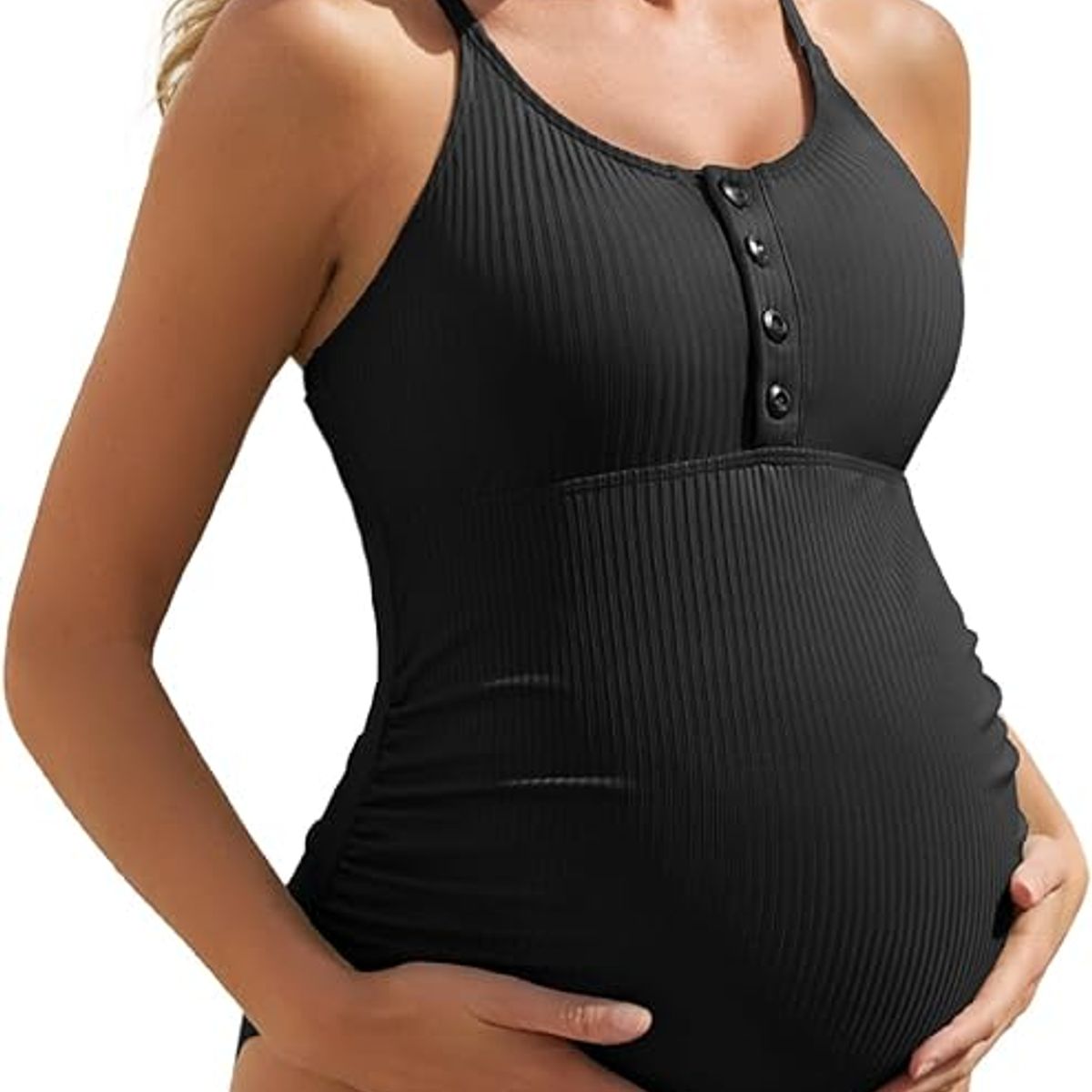 PUREPOWER - Maternity Swimsuit One Piece Bathing Suit Button Neck Cross Back