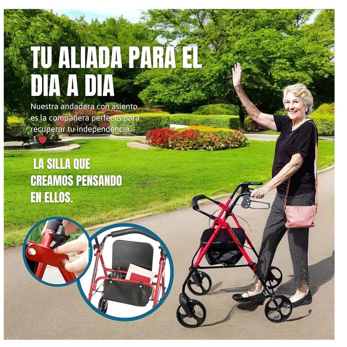 EVERSO - Burrito Andador Ortopedico Plegable 4 Ruedas Frenos Asiento