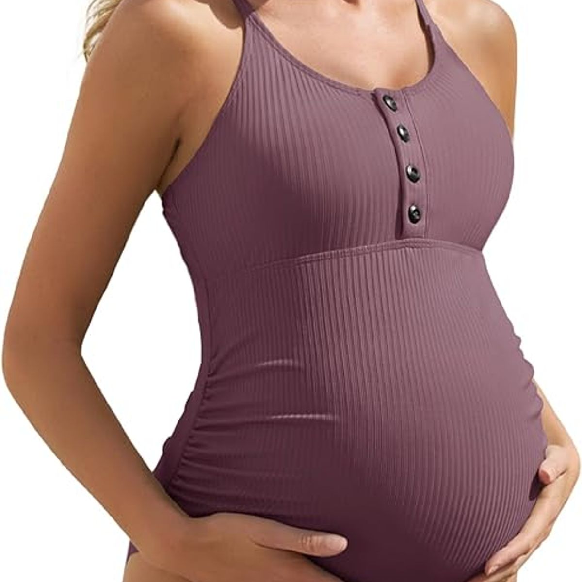 PUREPOWER - Maternity Swimsuit One Piece Bathing Suit Button Neck Cross Back-S