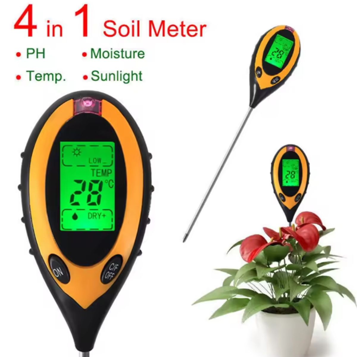 GENERICO - Medidor 4 en 1 para plantas en tierra con medidor de pH, sensor de humedad, medición de luz, temperatura