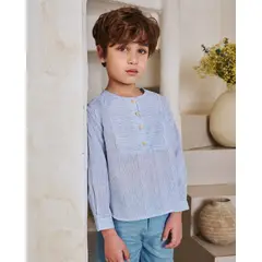 DADATI - Camisa niño de rayas azul pastel y blancas con pechera