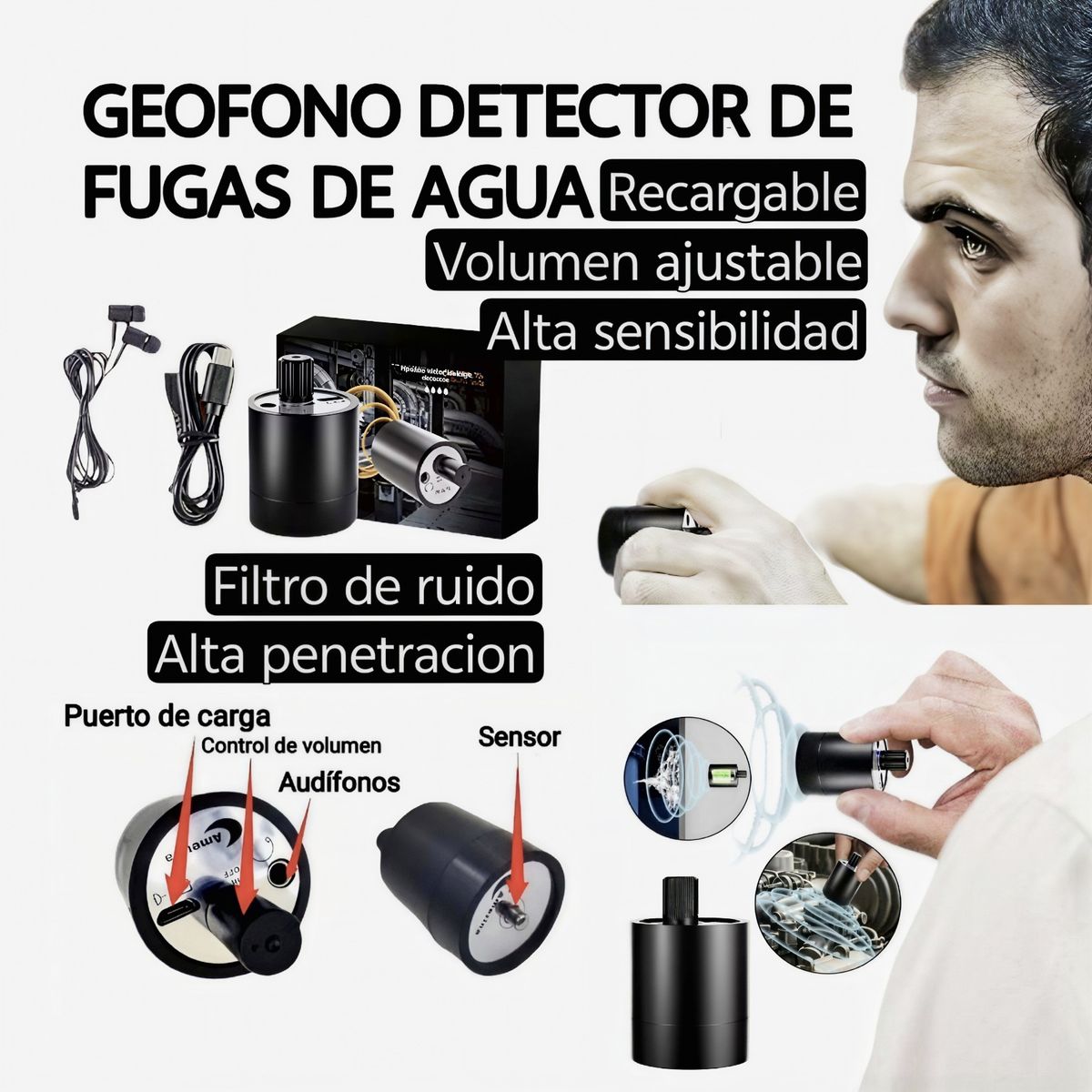 GENERICO - Geofono detector de fugas de agua recargable. Alta sensibilidad