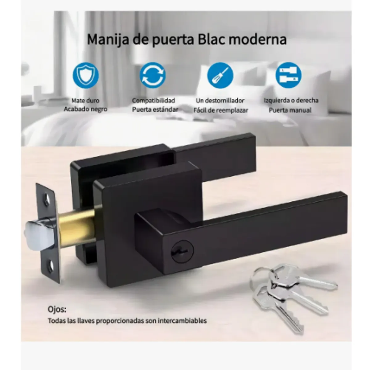 GENERICO - Cerradura Manija Negra Cuadrada Puerta Recamara O Principal