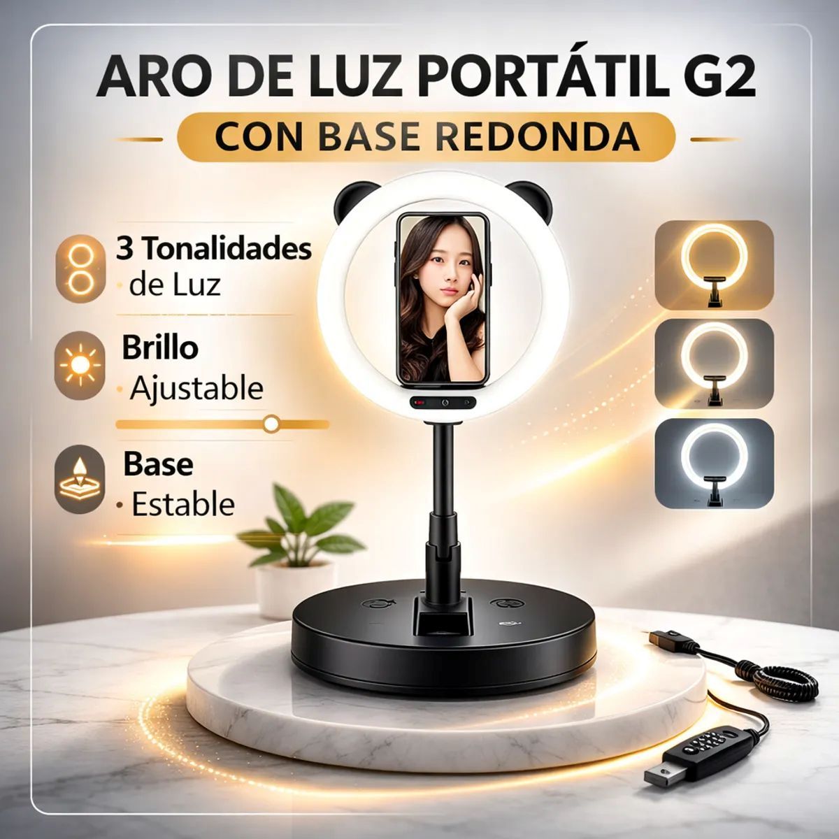 MOVI - Aro de Luz LED Portátil G2 con Base Redonda y Trípode Ajustable para Smartphone