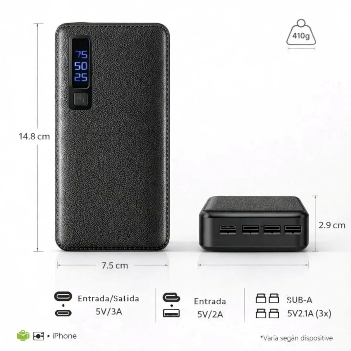 MOVI - Batería Cargador Portátil Externo 20000mAh 3 USB Linterna