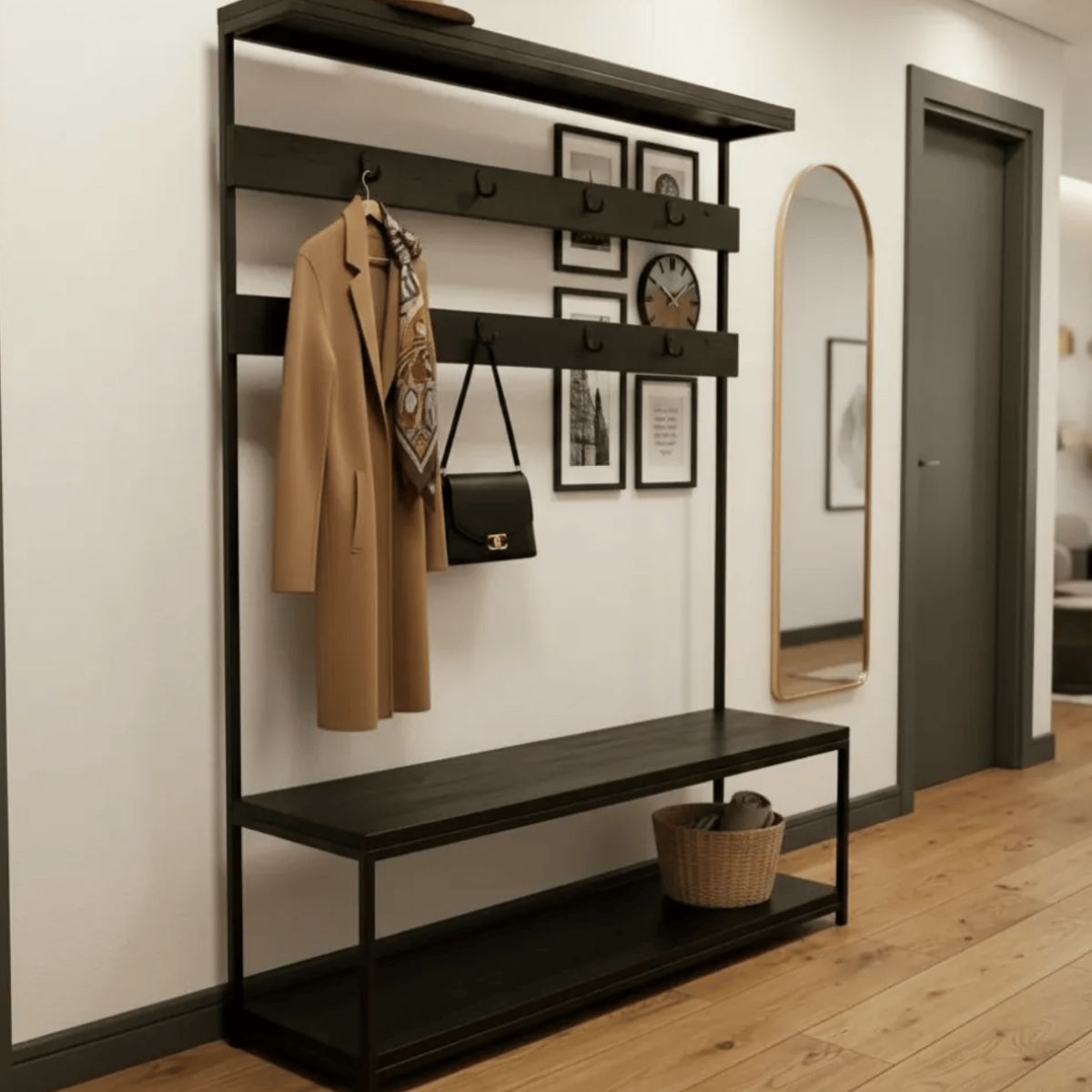 NSCOMPANY - Banca Con Perchero Y Repisa Bolonia Realizado En Roble - Negro