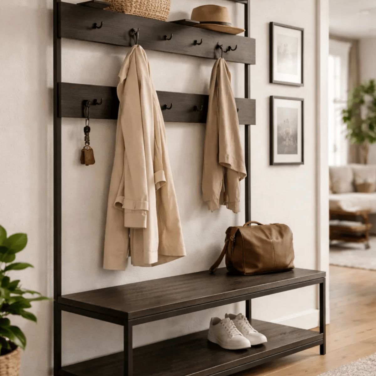 NSCOMPANY - Banca Con Perchero Y Repisa Bolonia Realizado En Roble - Negro