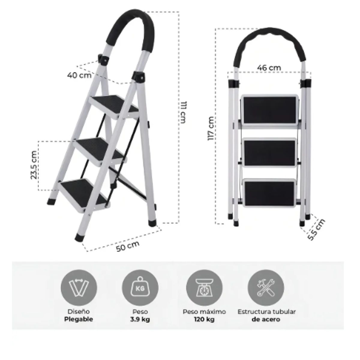 GENERICO - Escalera Taburete Plegable  3 Peldaños Antideslizantes Color Blanco