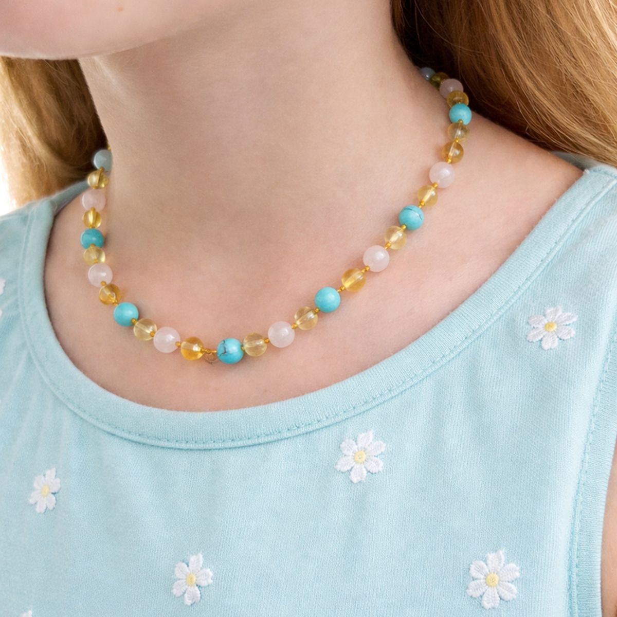 GENERICO - Collar de Ámbar Báltico Certficado con Jade Azul y Cuarzo Rosa para Bebés