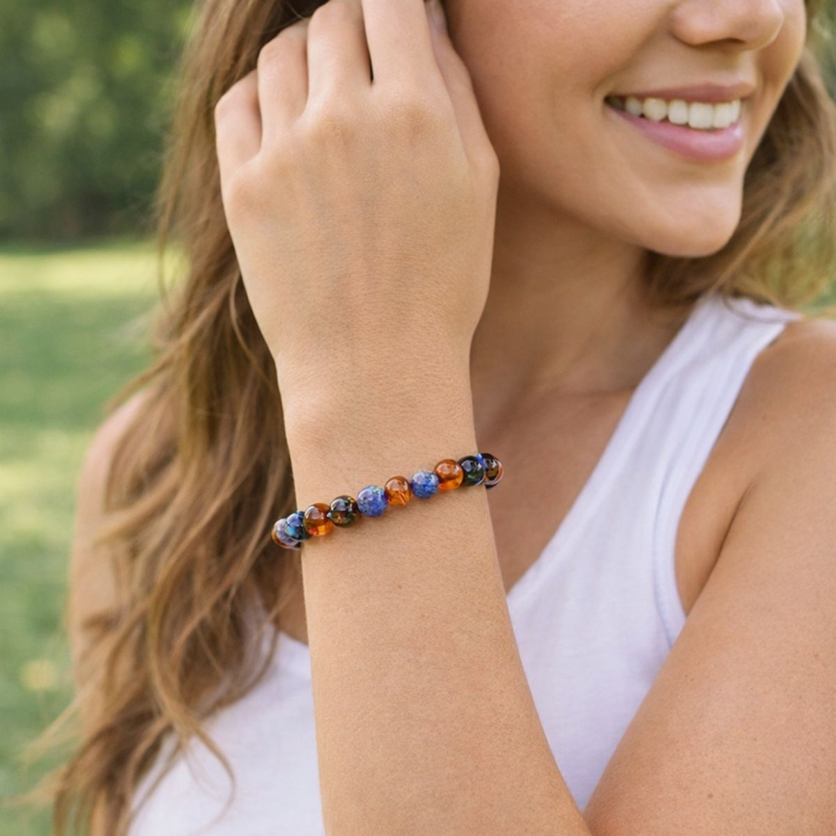 GENERICO - Pulsera elasticada de Ámbar Báltico con Lapislázuli para adulto