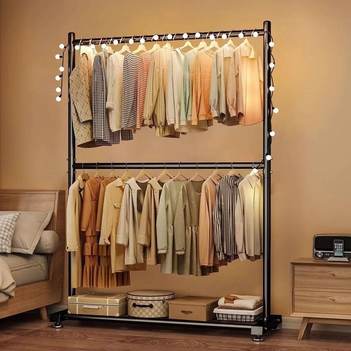 GENERICO - Perchero Colgador Doble Riel Metal Negro Organizador WM WM