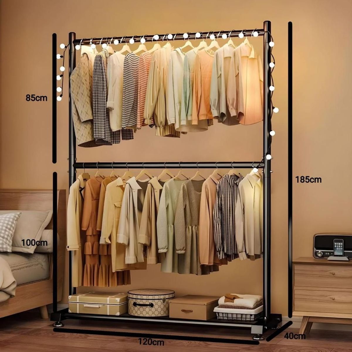 GENERICO - Perchero Colgador Doble Riel Metal Negro Organizador WM WM