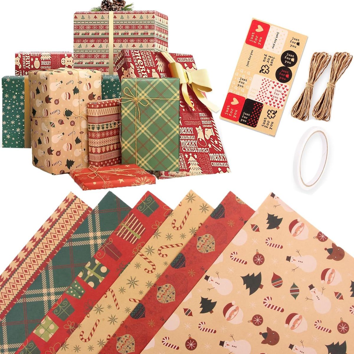 GENERICO - Set 6 Papel De Regalo Navidad Cuerda Y Pegatinas 75x50Cm