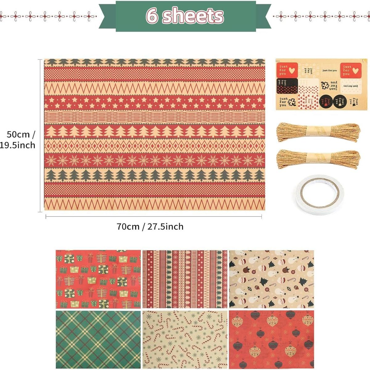 GENERICO - Set 6 Papel De Regalo Navidad Cuerda Y Pegatinas 75x50Cm