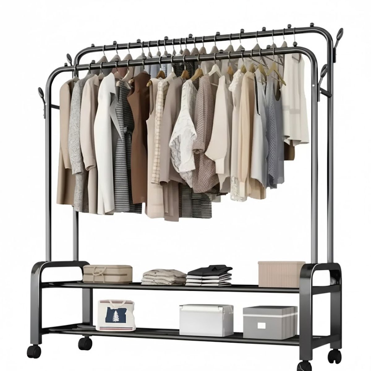 GENERICO - PERCHERO CON RUEDA DOBLE BARRA ORGANIZADOR MULTIFUNCIONAL 157X150X58 AGUANTA 48 KG WM