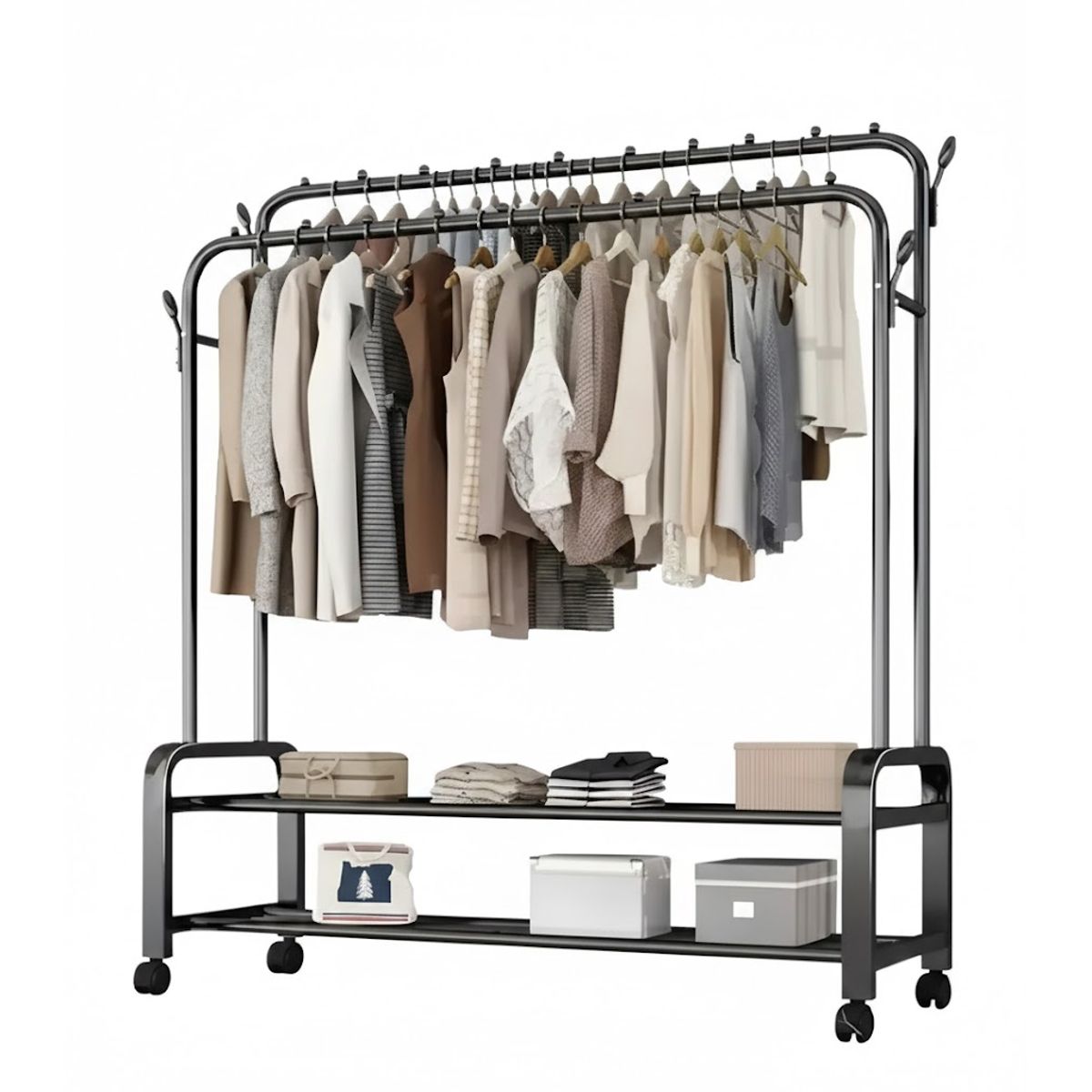 GENERICO - PERCHERO CON RUEDA DOBLE BARRA ORGANIZADOR MULTIFUNCIONAL 157X150X58 AGUANTA 48 KG WM