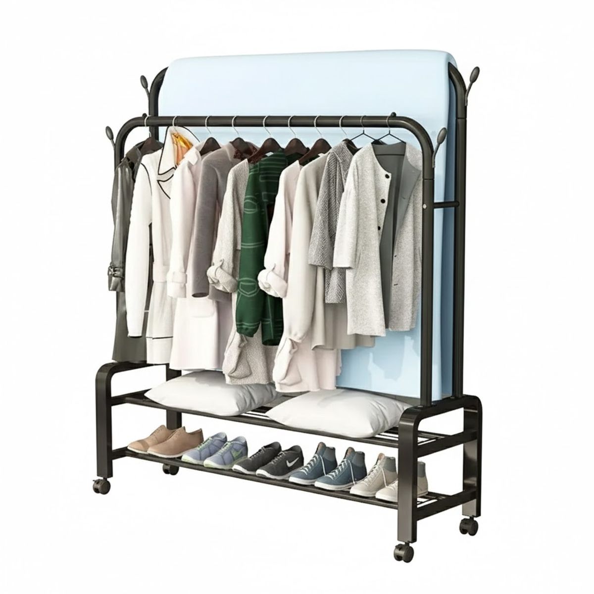 GENERICO - PERCHERO CON RUEDA DOBLE BARRA ORGANIZADOR MULTIFUNCIONAL 157X150X58 AGUANTA 48 KG WM