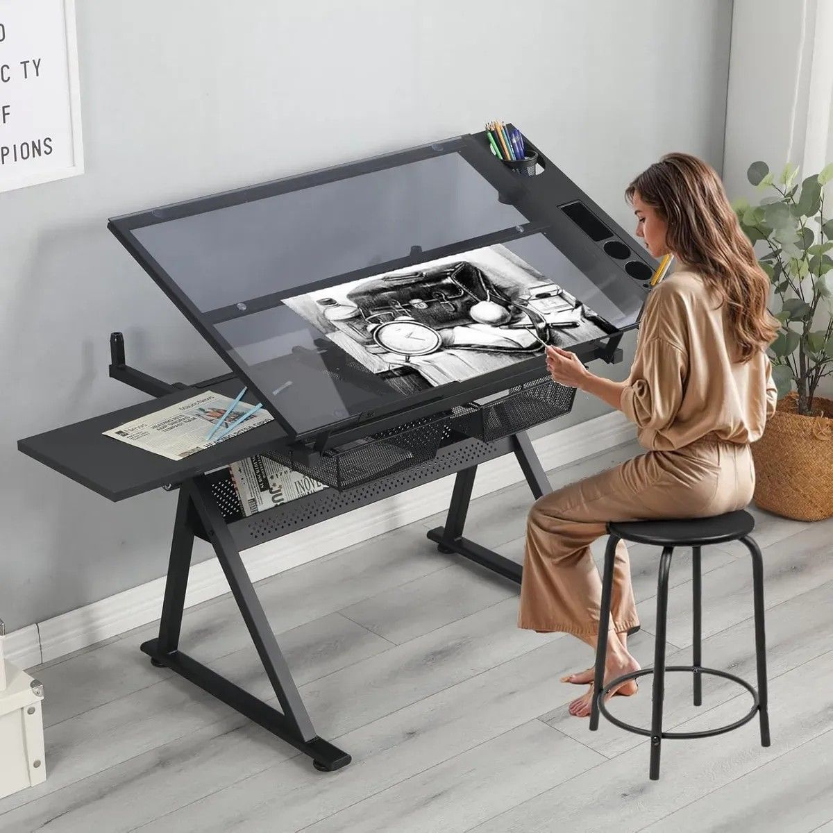 Mesa de Dibujo Ajustable 78-93cm Tablero de Vidrio Profesional Multifuncional con Taburete, marca KUANGYE - Foto Principal