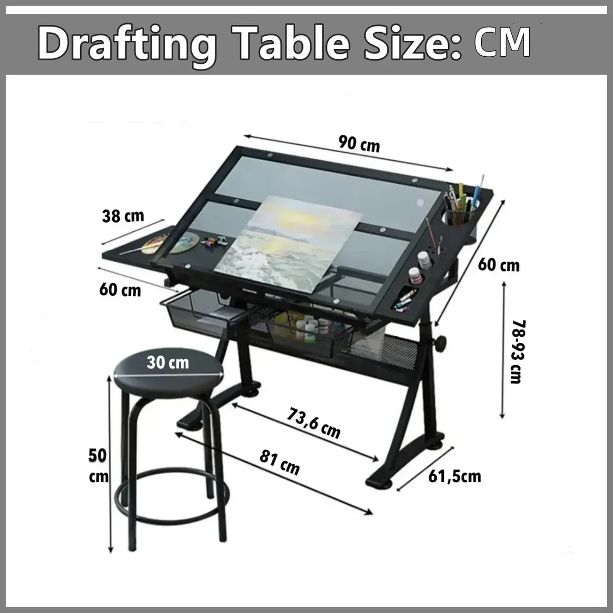 Mesa de Dibujo Ajustable 78-93cm Tablero de Vidrio Profesional Multifuncional con Taburete, marca KUANGYE - Foto 2