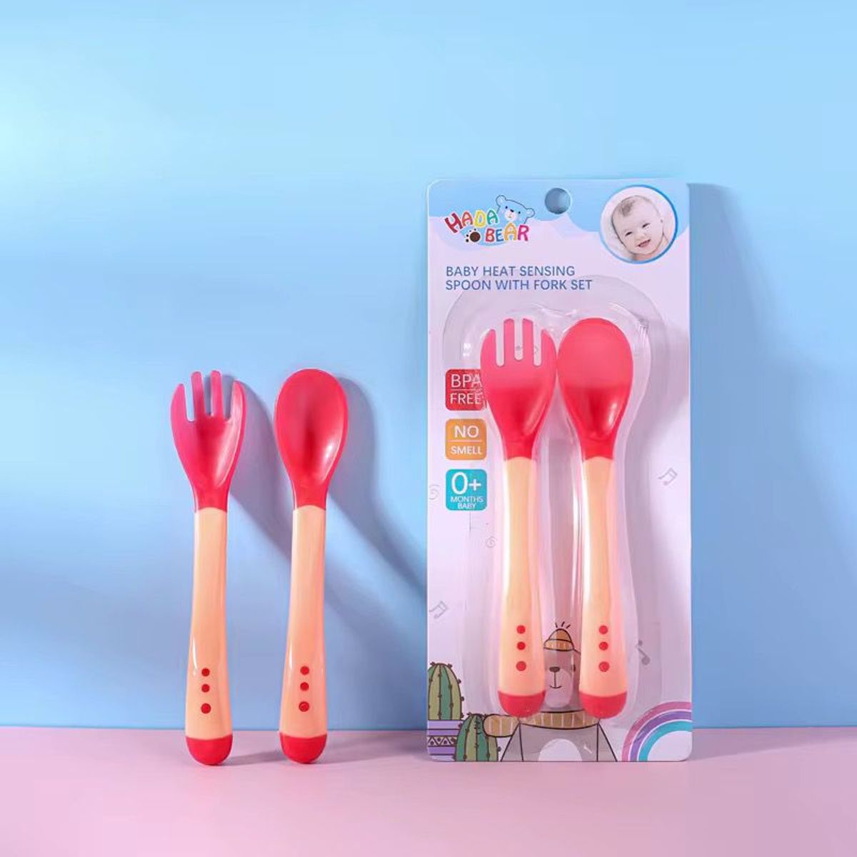 GENERICO - Set Cuchara-tenedor Silicona Con Sensor De Temperatura Rojo