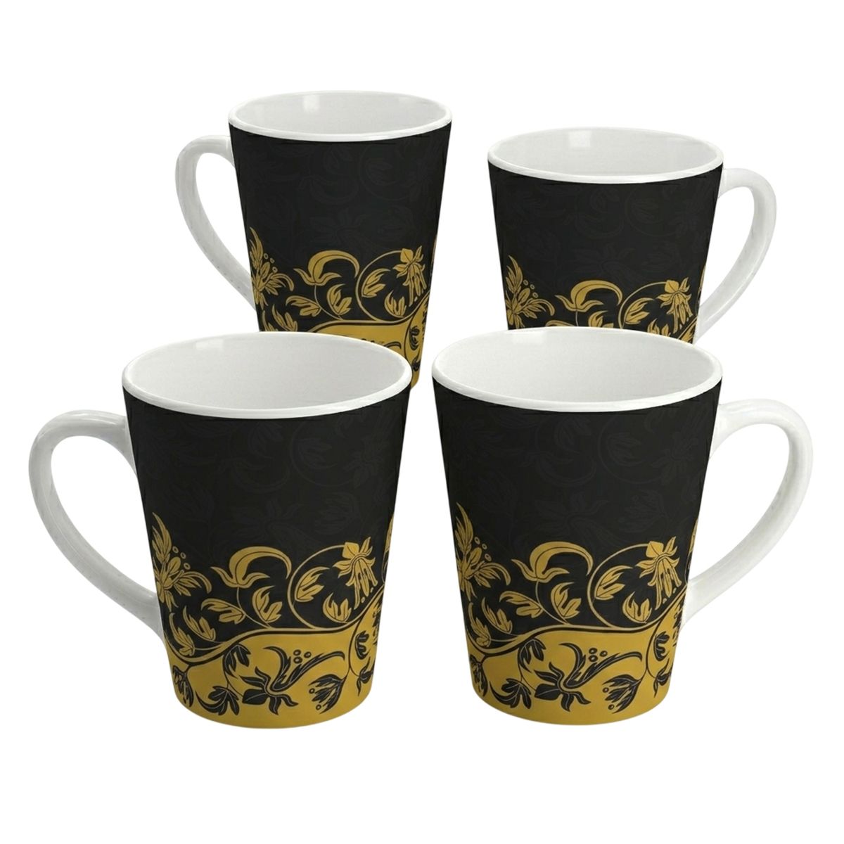 GENERICO - Pack 4 Mugs Café Cerámica Estilo Negro Y Dorado 355ml