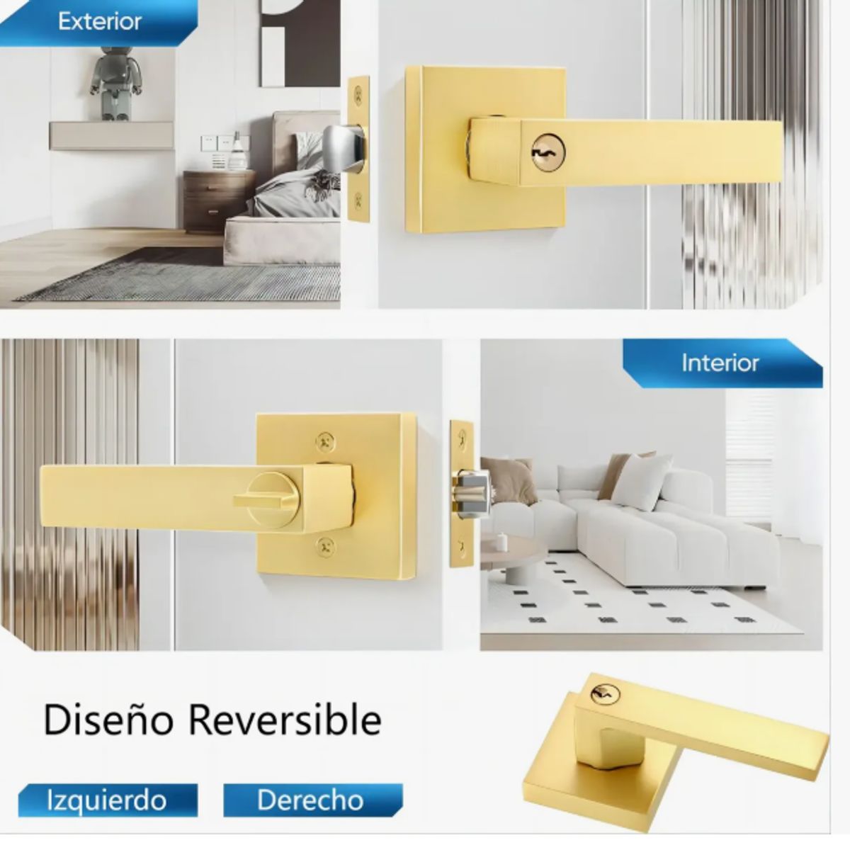 GENERICO - Cerradura Tubular Dorada Con Manilla Para Dormitorio O Baño