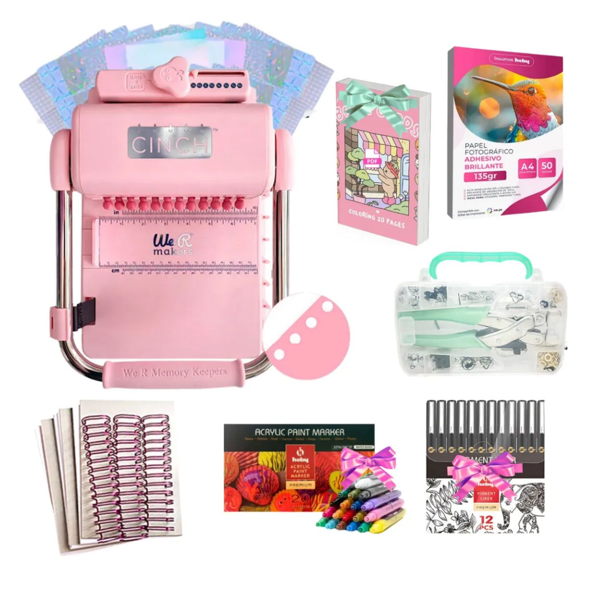 AMERICAN CRAFTS - Encuadernadora Cinch pink perforacion redonda color rosa kit