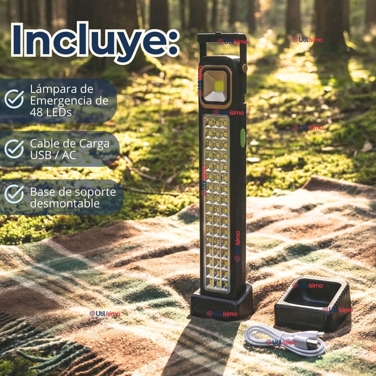LINE - Lampara Luz De Emergencia Focos 48 Led Carga Híbrida Solar USB 30W
