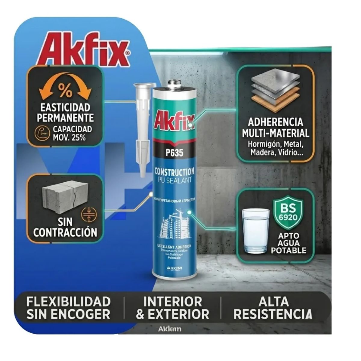 AKFIX - Pack 6 Sellador Poliuretano Akfix P635 Negro 310ml Juntas