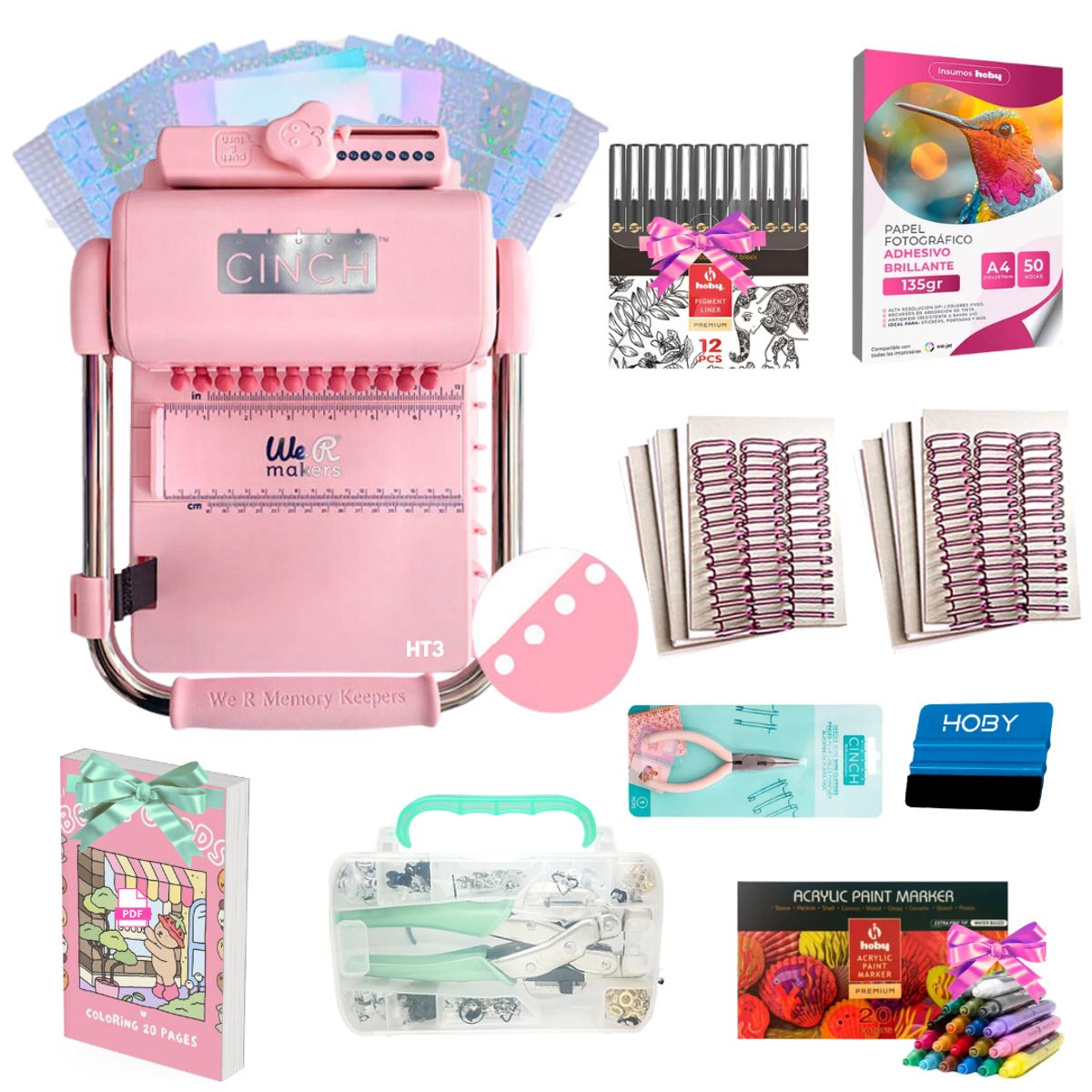 AMERICAN CRAFTS - Encuadernadora Cinch pink perforacion redonda color rosa kit HT3