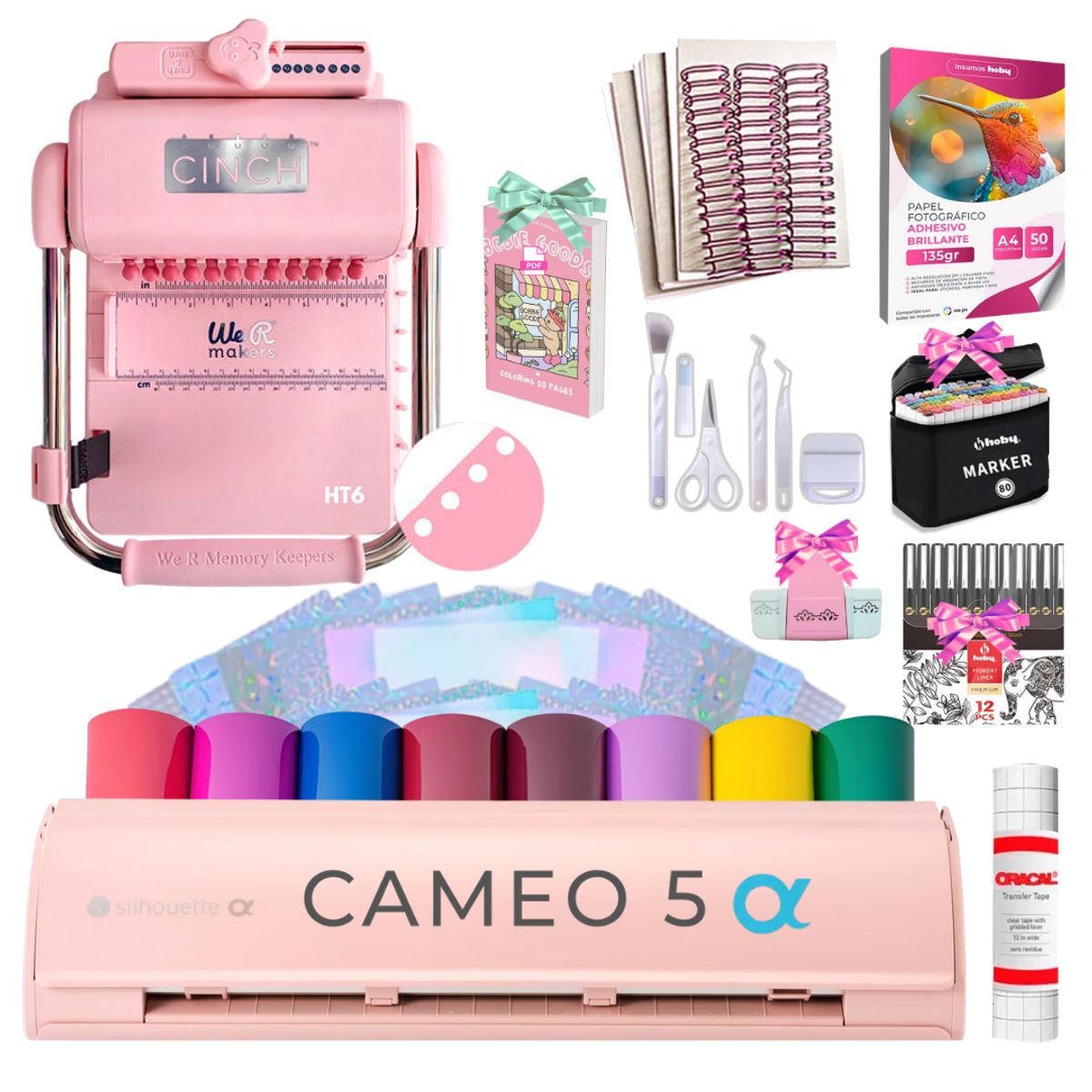 AMERICAN CRAFTS - Encuadernadora Cinch pink perforacion redonda color rosa kit HT6 + Cameo 5 alpha rosa