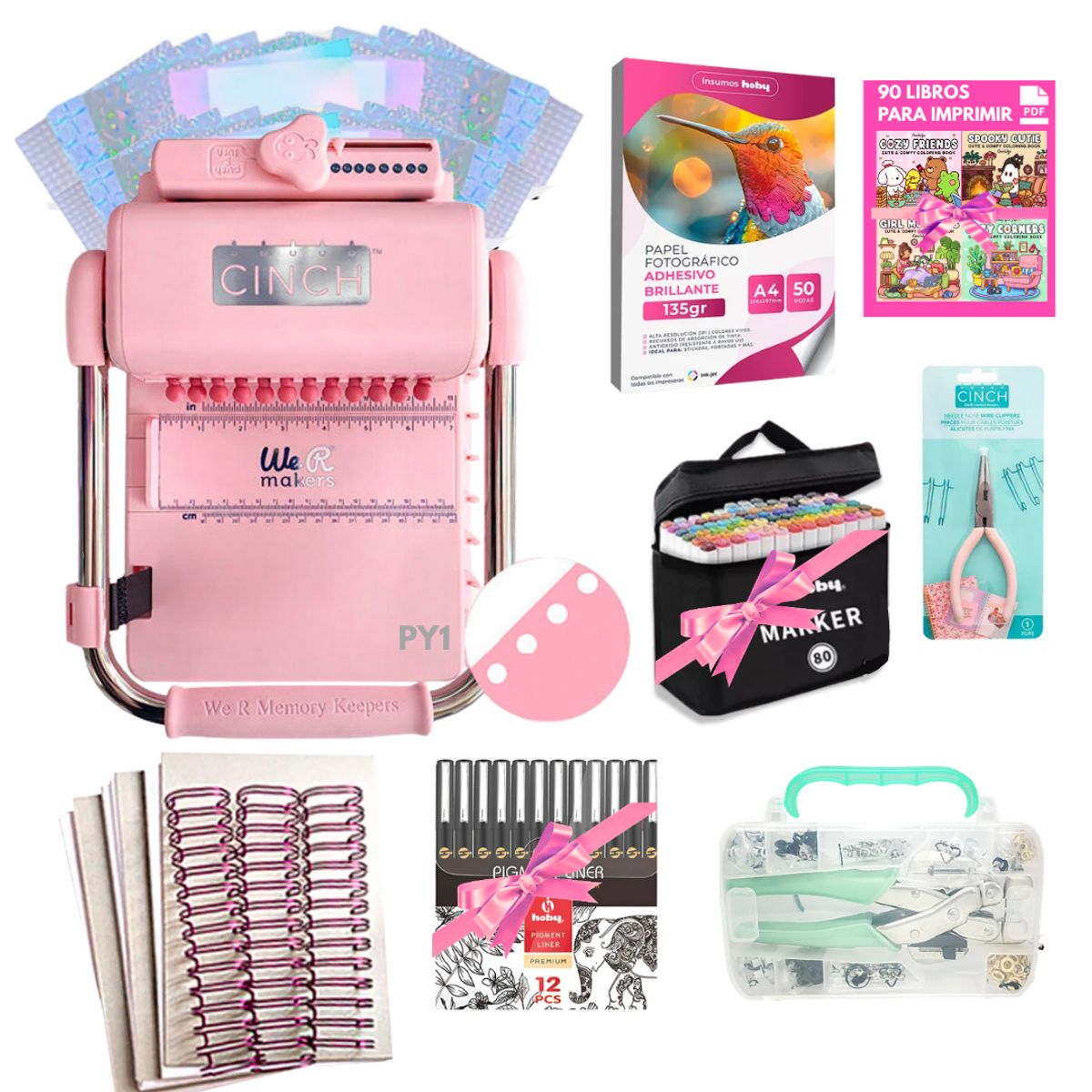AMERICAN CRAFTS - Encuadernadora Cinch pink perforacion redonda color rosa kit PY1