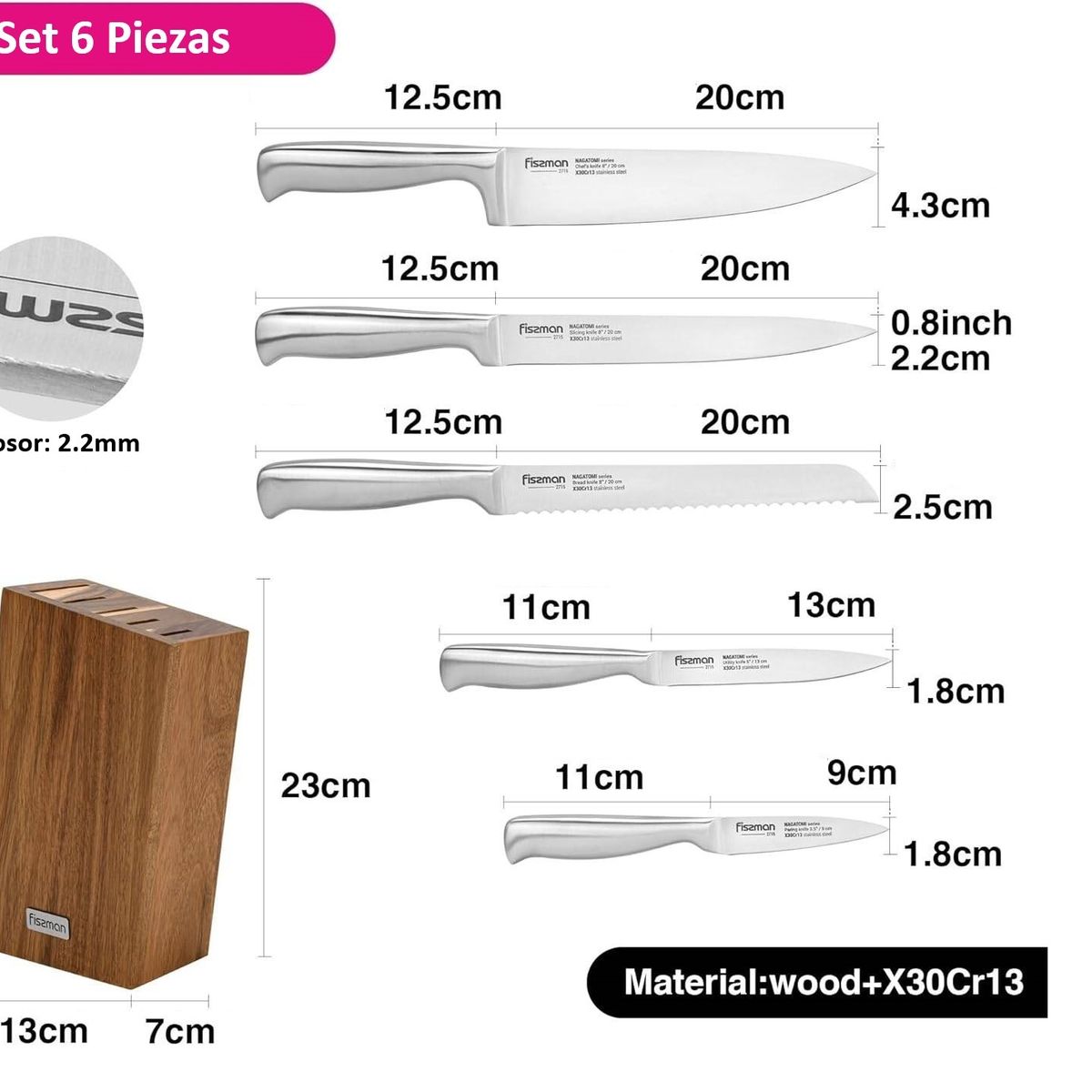 FISSMAN - Set 5 Cuchillos Nagatomi + Base De Madera - Fissman