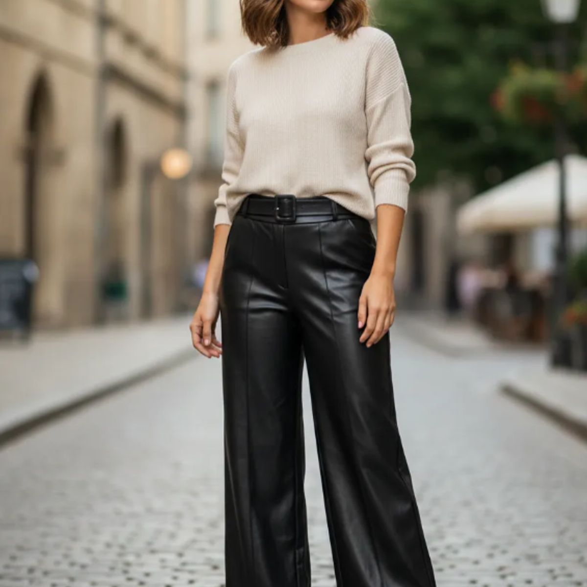 AGW - Pantalón Polar Mujer Ecocuero Wide Leg Con Cinturón