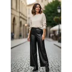 AGW - Pantalón Polar Mujer Ecocuero Wide Leg Con Cinturón