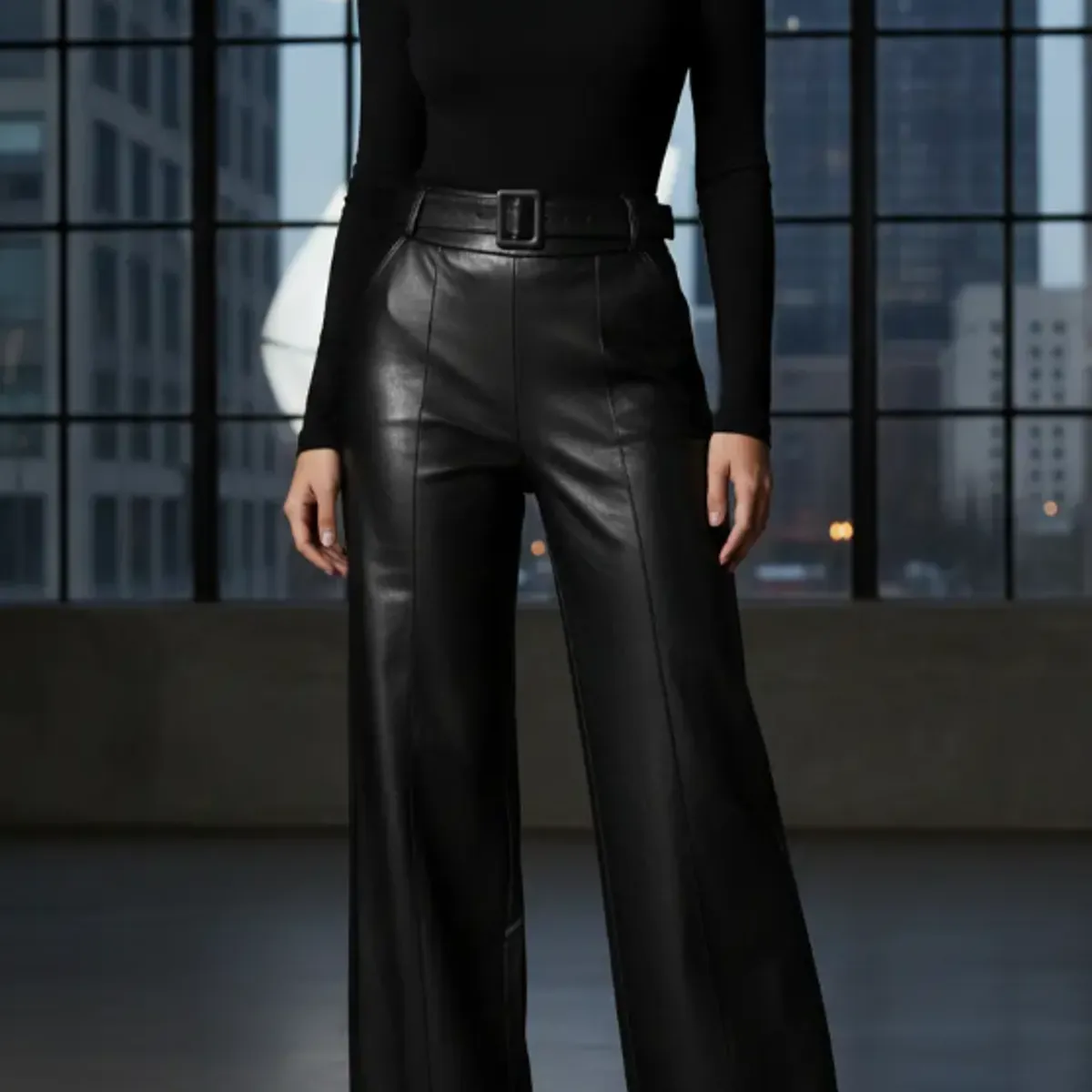 AGW - Pantalón Polar Mujer Ecocuero Wide Leg Con Cinturón