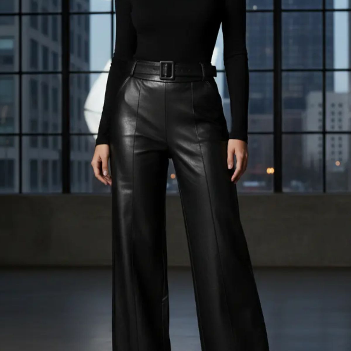 AGW - Pantalón Polar Mujer Ecocuero Wide Leg Con Cinturón