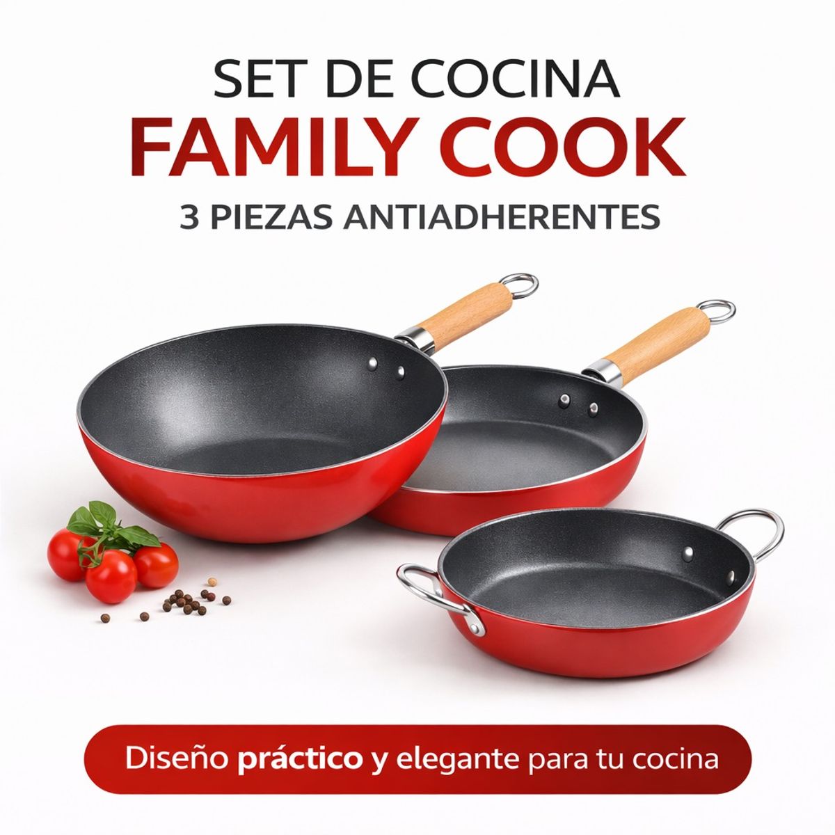 CORAL - Set de Cocina Doral Noruega 3 Piezas Antiadherente Titanio Rojo