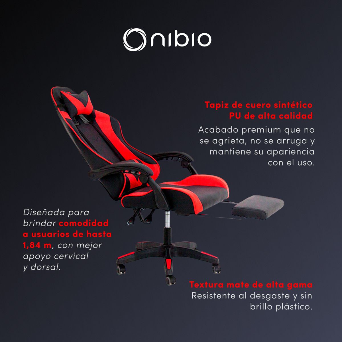 NIBIO - Silla Gamer Nibio GC035 Reclinable 160° Apoya Pies Roja