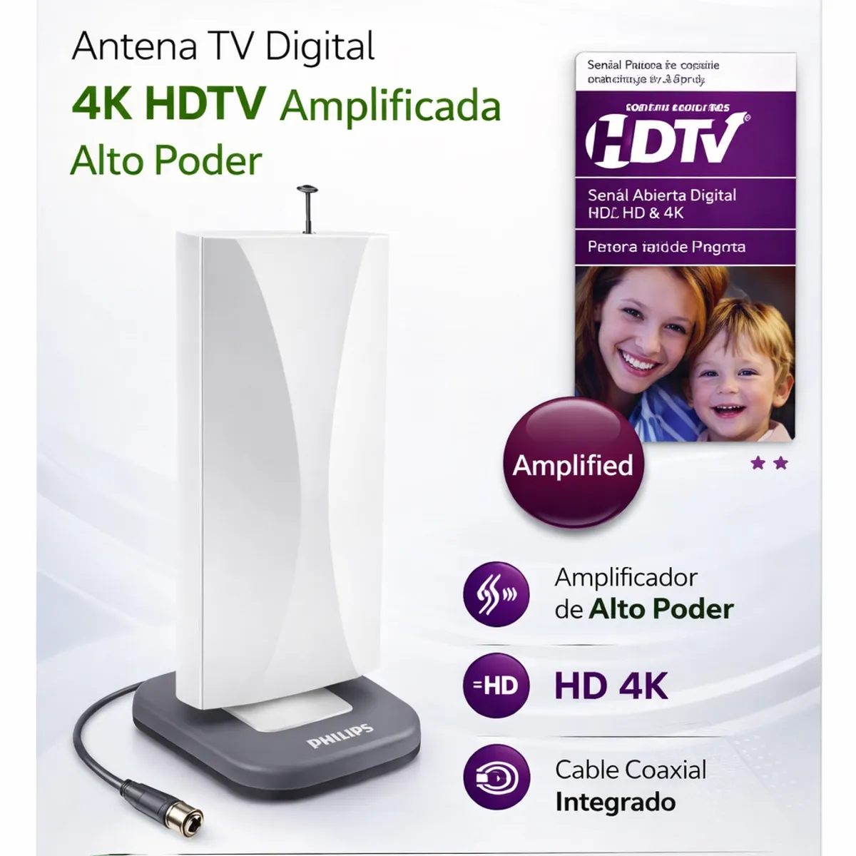 PHILIPS - Antena De Tv Digital 4k Hdtv Philips Amplified High Power Blanco